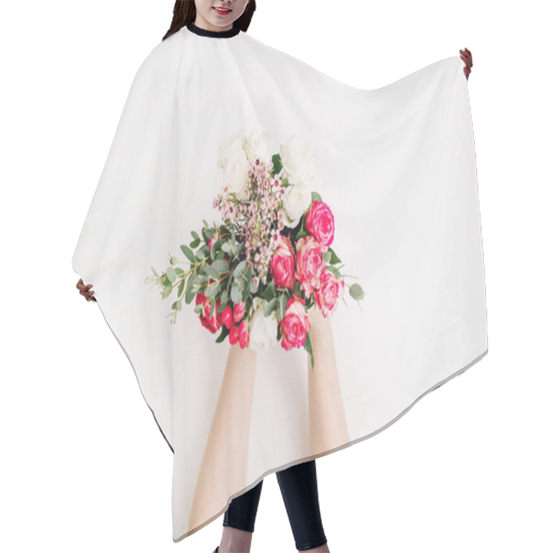 Personality  Female Hands Hold Bridal Flowers Bouquet With Roses, Eucalyptus Branch, Wildflowers. Flat Lay, Top View Wedding Background. Hair Cutting Cape