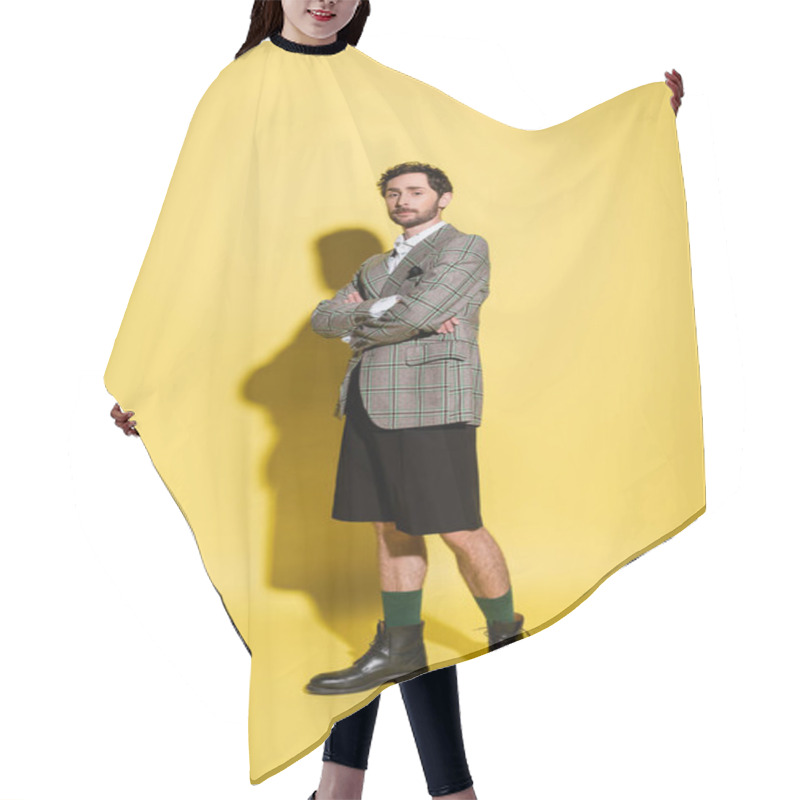 Personality  Full Length Of Trendy Model In Jacket And Shorts Crossing Arms On Yellow Background  Hair Cutting Cape