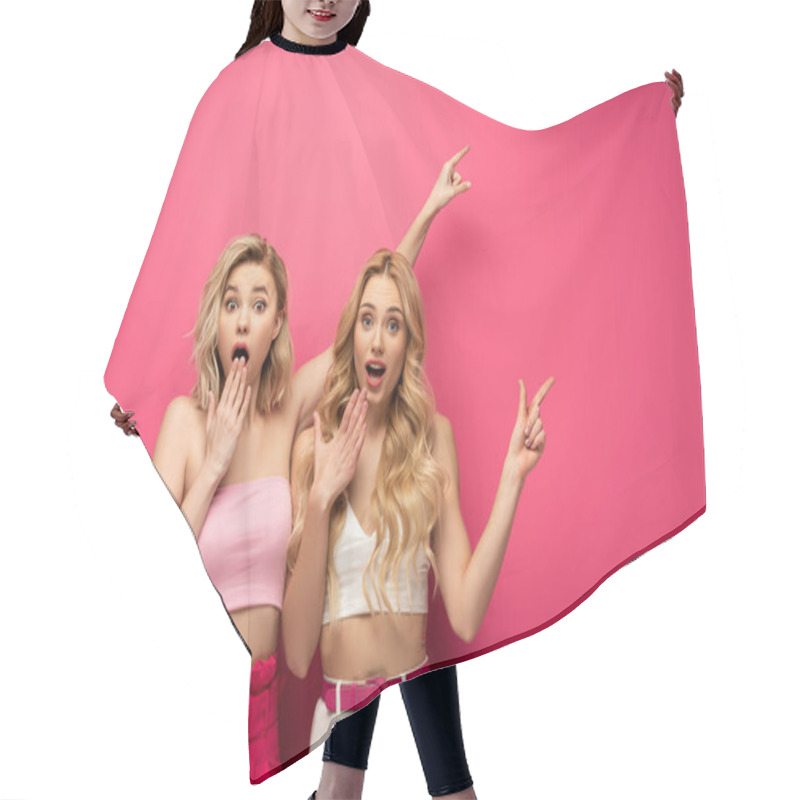 Personality  Excited Blonde Women Looking At Camera While Pointing With Fingers On Pink Background Hair Cutting Cape