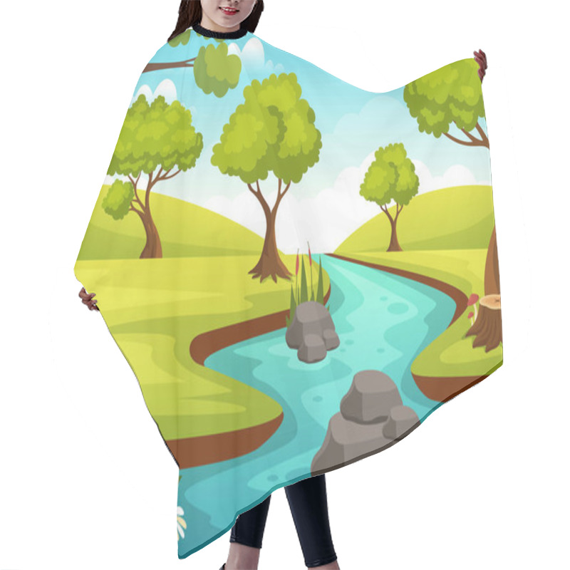 Personality  River Landscape Illustration With View Mountains, Green Fields, Trees And Forest Surrounding The Rivers In Flat Cartoon Hand Drawn Templates Hair Cutting Cape