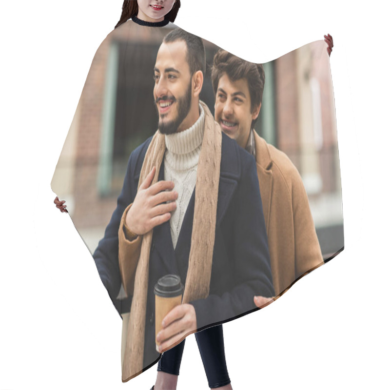 Personality  Bearded Gay In Coat And Scarf Standing With Takeaway Drink Near Boyfriend Embracing Him Outdoors Hair Cutting Cape