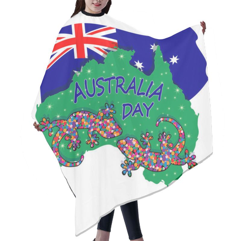 Personality  Map Of Australia With Two Lizards And Flag Isolated On White Background. Australian Continent. Australia Day. Naidoc Week. Union Jack. Reconciliation Day. Travel To Australia Poster Design. Stock Vector Illustration Hair Cutting Cape