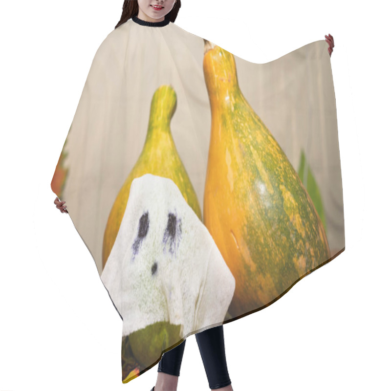 Personality  Halloween Composition With Pumpkin And Ghost. Hair Cutting Cape