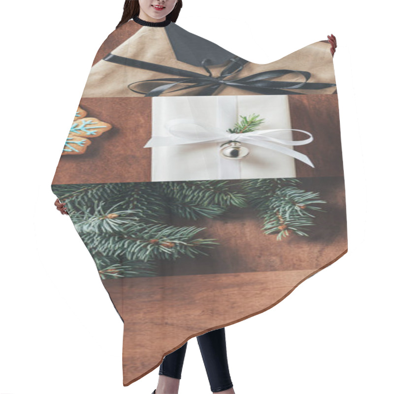 Personality  Collage Of Christmas Decorated Gifts, Fir Branch And Cookie On Wooden Background Hair Cutting Cape