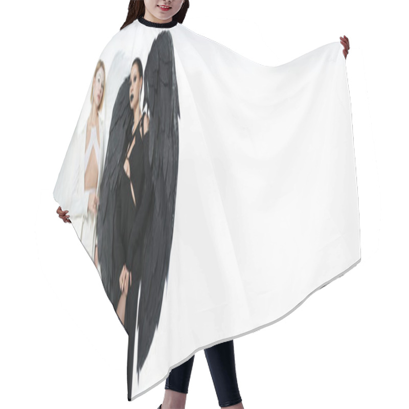 Personality  Divine Angel And Dark Demon Looking At Camera On White, Women In Halloween Costumes, Banner Hair Cutting Cape