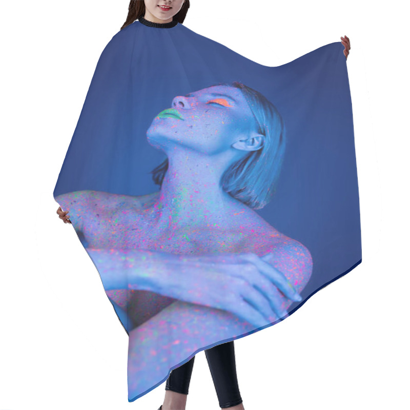 Personality  Naked Woman In Bright Makeup And Neon Body Paint Posing On Dark Blue Background Hair Cutting Cape