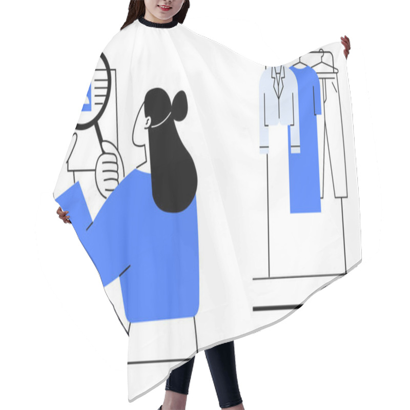 Personality  Woman With Magnifying Glass Examining An ID Card, Standing Next To A Clothing Rack With Various Garments. Ideal For HR, Fashion Retail, Data Analysis, Workplace, Identification, Shopping Hair Cutting Cape