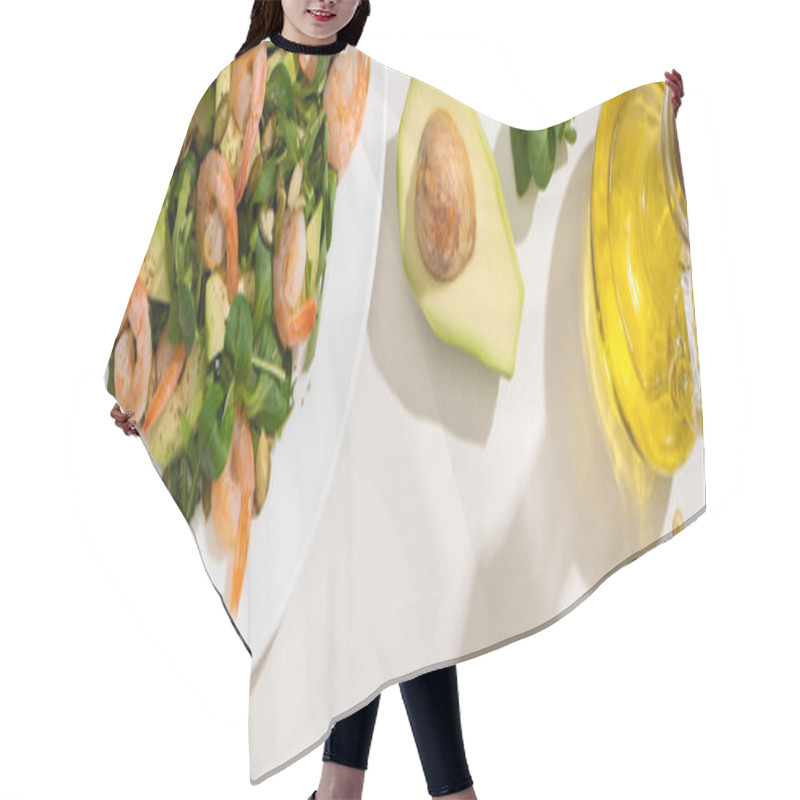 Personality  Top View Of Fresh Green Salad With Pumpkin Seeds, Shrimps And Avocado On Plate Near Ingredients On White Background, Horizontal Image Hair Cutting Cape