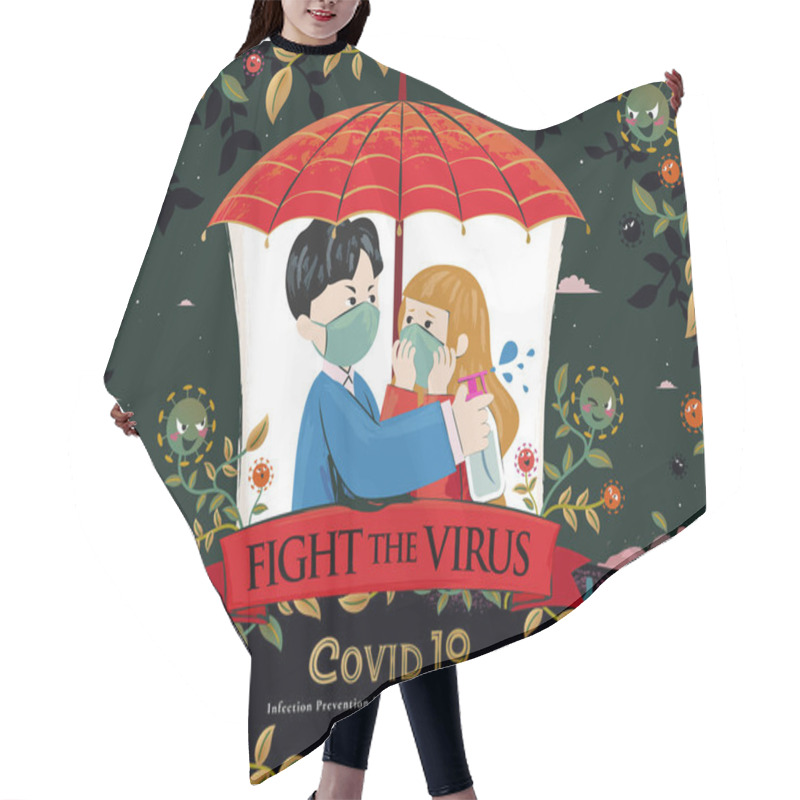 Personality  Couple Under A Red Umbrella Fight Coronavirus Together With Alcohol Spray Hair Cutting Cape