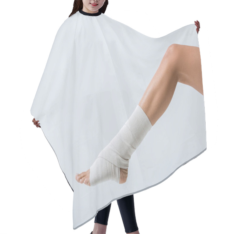 Personality  Partial View Of Barefoot Girl With Elastic Bandage On Foot Isolated On Grey Hair Cutting Cape