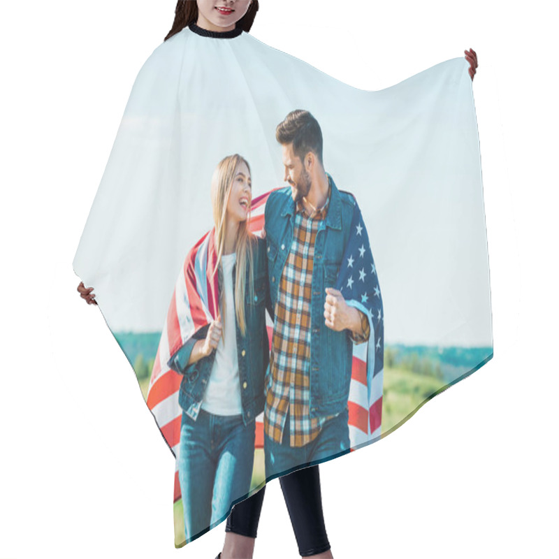 Personality  Stylish Couple With American Flag On Rural Meadow, Independence Day Concept Hair Cutting Cape