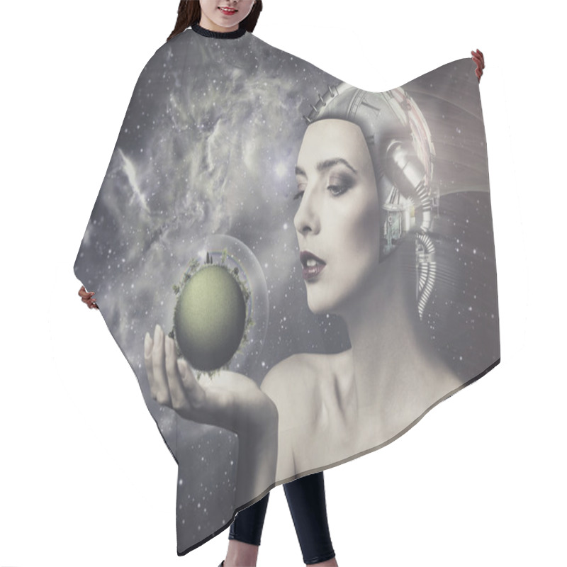 Personality  Cyborg Woman Holding Green Planet Hair Cutting Cape