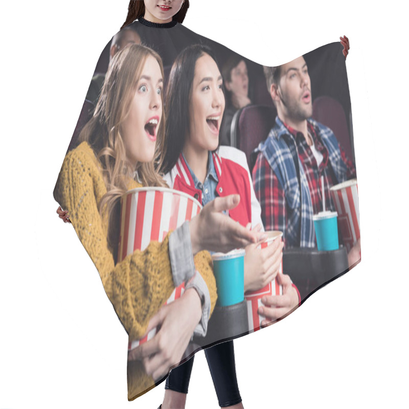 Personality  Excited Friends With Popcorn And Soda Watching Movie In Cinema Hair Cutting Cape