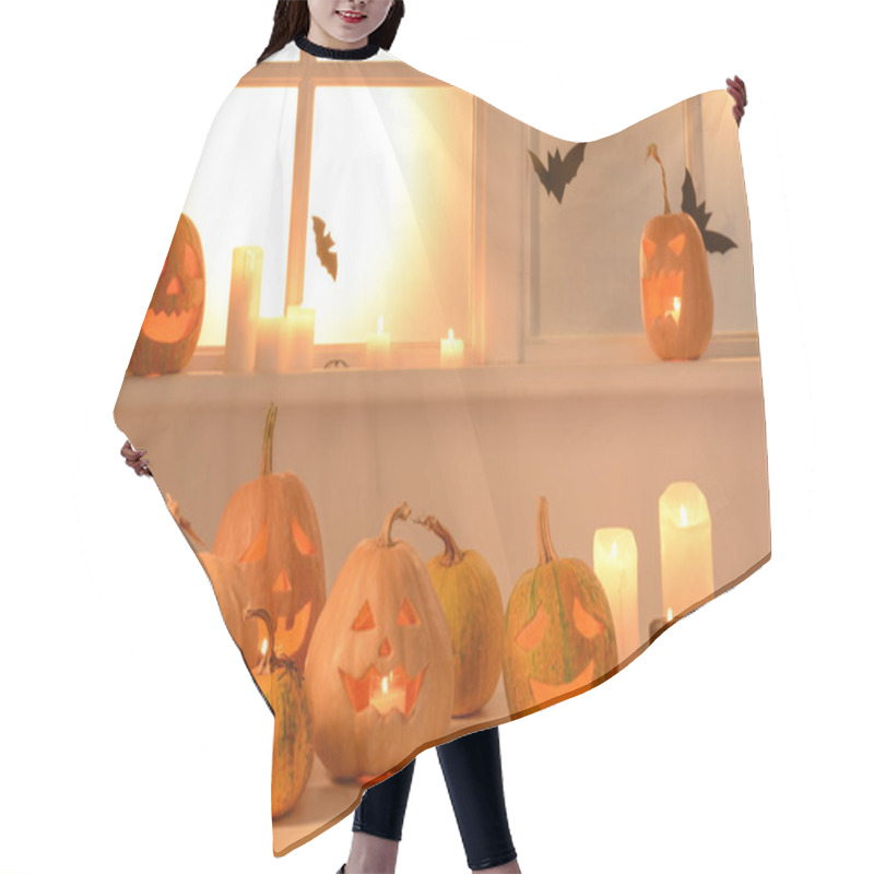 Personality  Halloween Pumpkins And Candles On Table Near Window Hair Cutting Cape