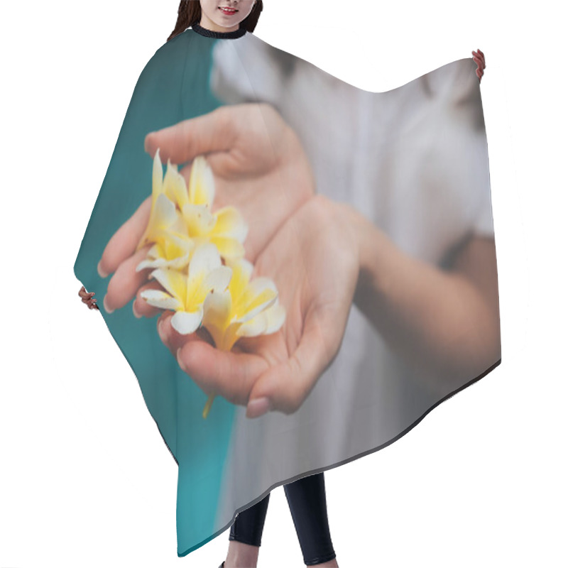 Personality  Close Up Of Female Hands With White And Yellow Plumeria, Frangipani Flower In Palms Hair Cutting Cape