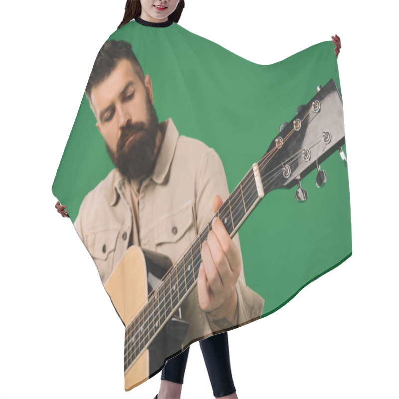 Personality  Handsome Man Playing On Acoustic Guitar, Isolated On Green Hair Cutting Cape