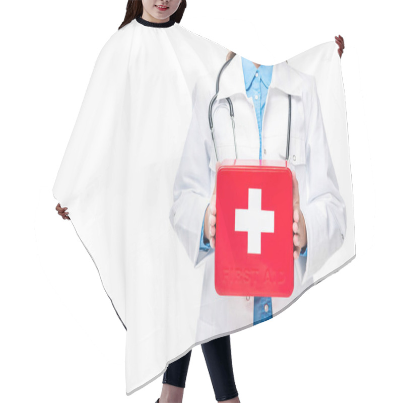 Personality  Cropped Image Of Schoolchild In Costume Of Doctor Holding First Aid Kit Isolated On White Hair Cutting Cape