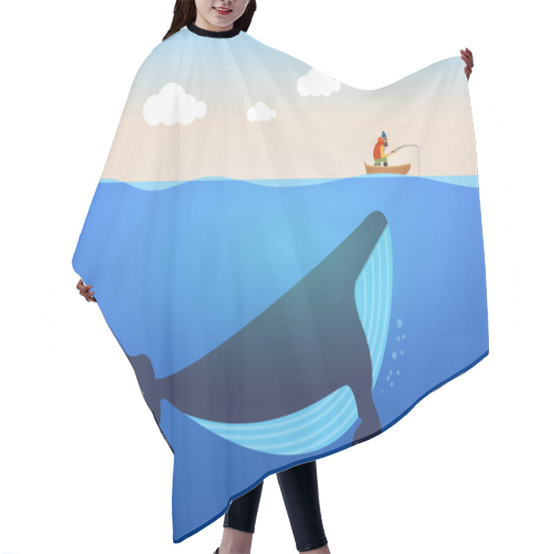 Personality  Vector Illustration Of Fisherman And Huge Whale Under Water. Creative Poster Concept. Hair Cutting Cape