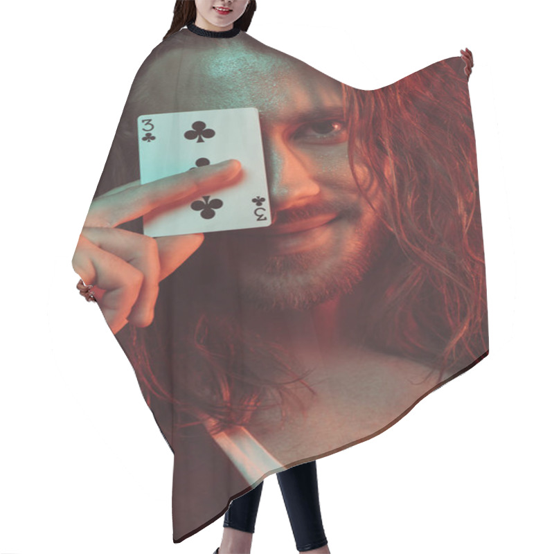 Personality  Smiling Man Holding Playing Card Hair Cutting Cape