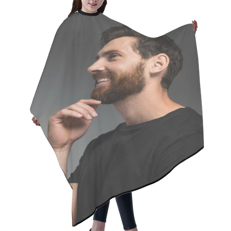 Personality  Portrait Of Happy Man With Beard In Black T-shirt Smiling Isolated On Grey Hair Cutting Cape