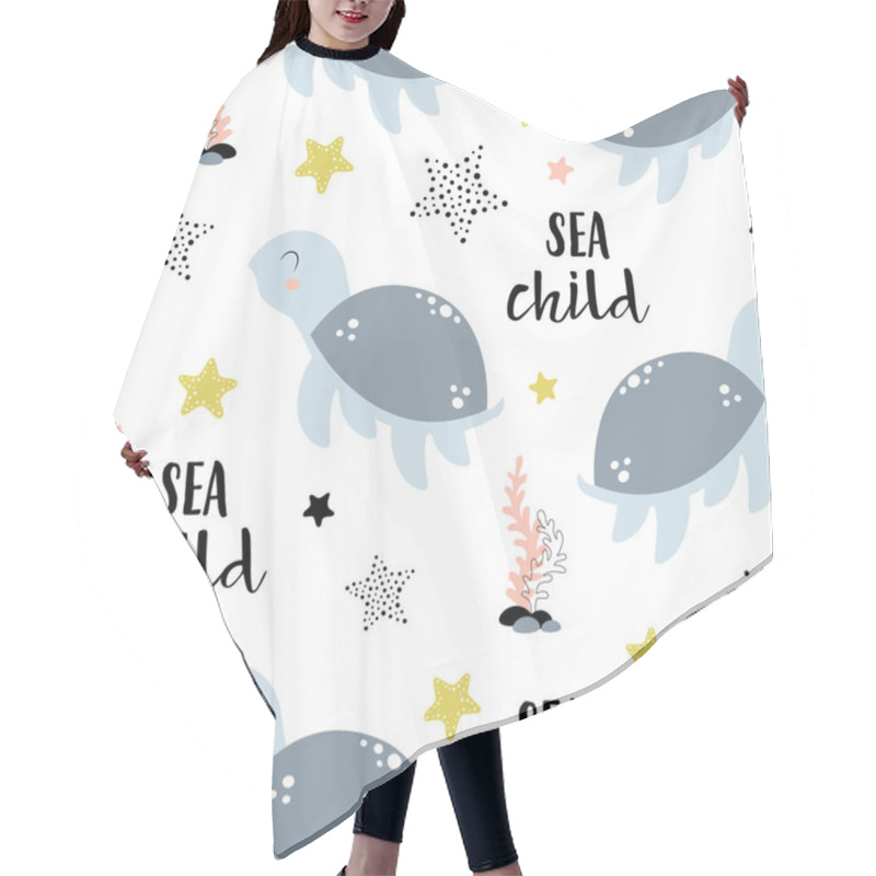 Personality  Seamless Pattern With Cute Turtle, Corals, Starfishes And Lettering Sea Child In Scandinavian Style On White Background, Cute Baby Animals Hair Cutting Cape