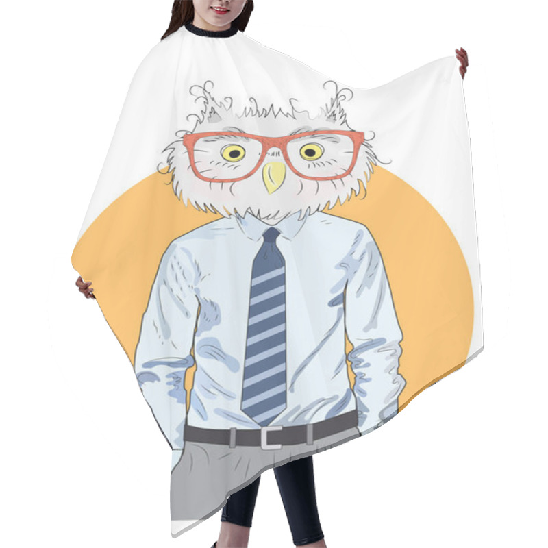 Personality  Animal Fashion Illustration, Anthropomorphic Design, Furry Art, Hand Drawn Illustration Of An Owl Boy In A Shirt And Trousers, With A Tie, Businessman Hair Cutting Cape