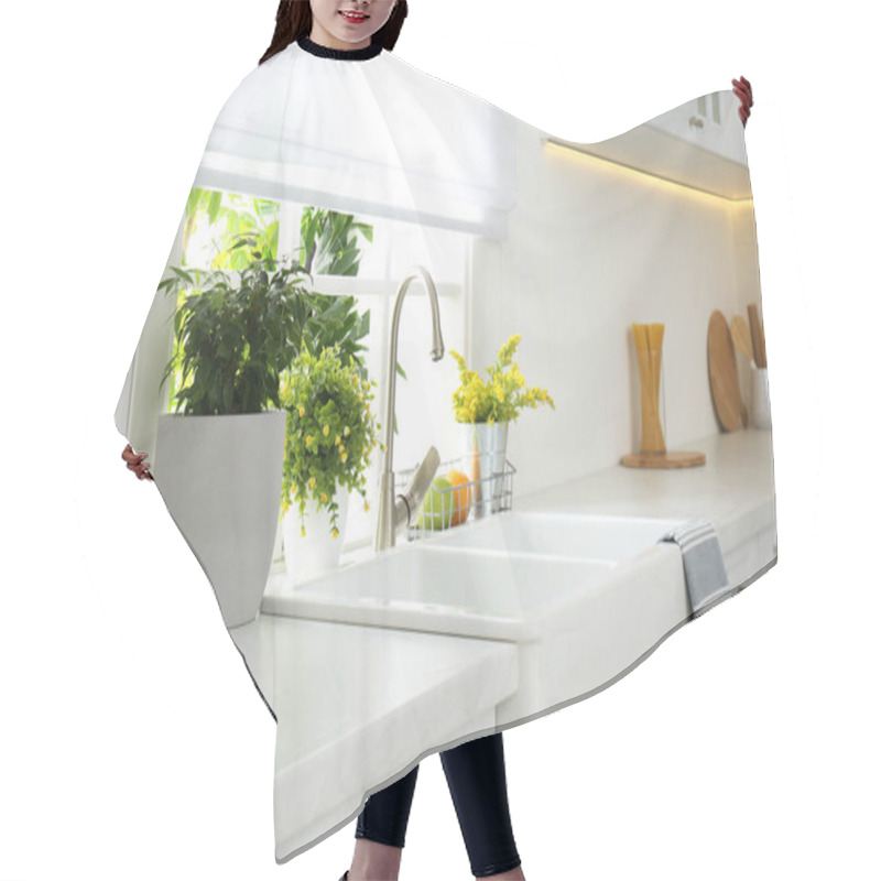 Personality  Beautiful White Sink Near Window In Modern Kitchen Hair Cutting Cape