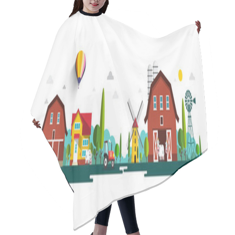 Personality  Rural Vector Landscape Panorama With Barn, Houses, Windmills And Tractor Hair Cutting Cape