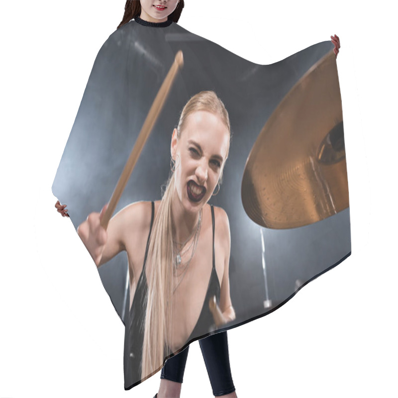 Personality  Blonde Woman With Drumstick Winking And Playing Drum Plate On Blurred Foreground Hair Cutting Cape