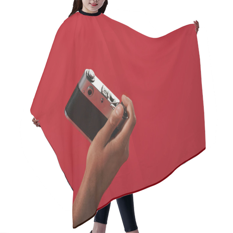 Personality  Cropped Photo Of African American Photographer Taking Shot On Retro Camera On Red Background Hair Cutting Cape