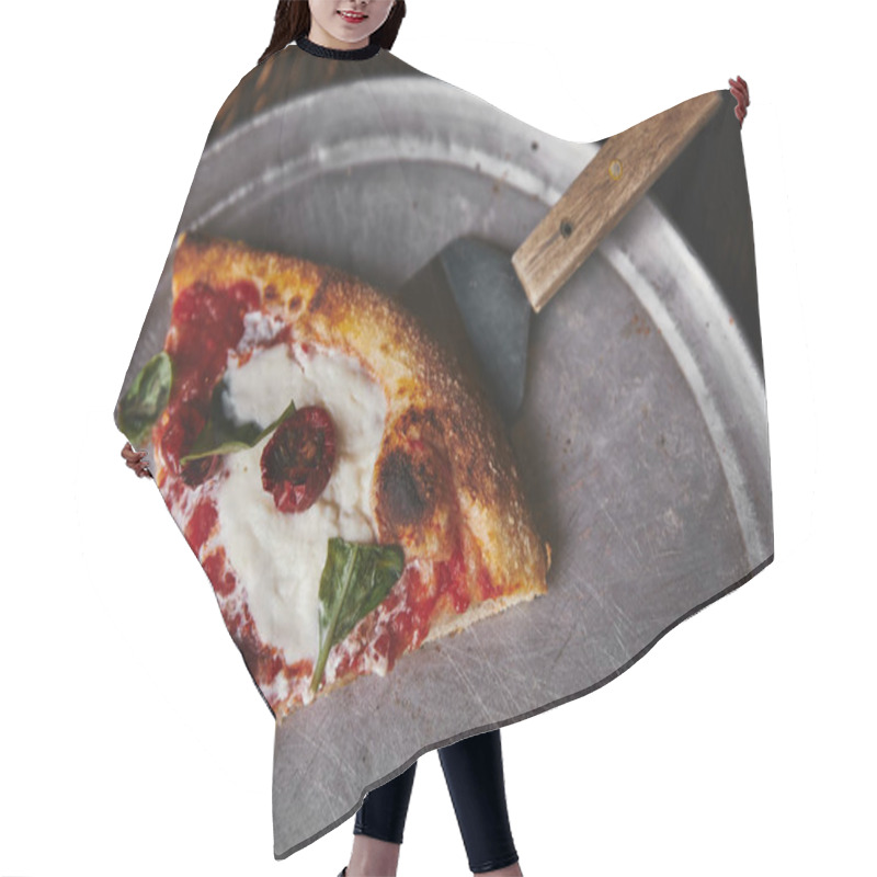 Personality  Top View Of Delicious Pizza With Server On Metal Tray And Wooden Table Hair Cutting Cape