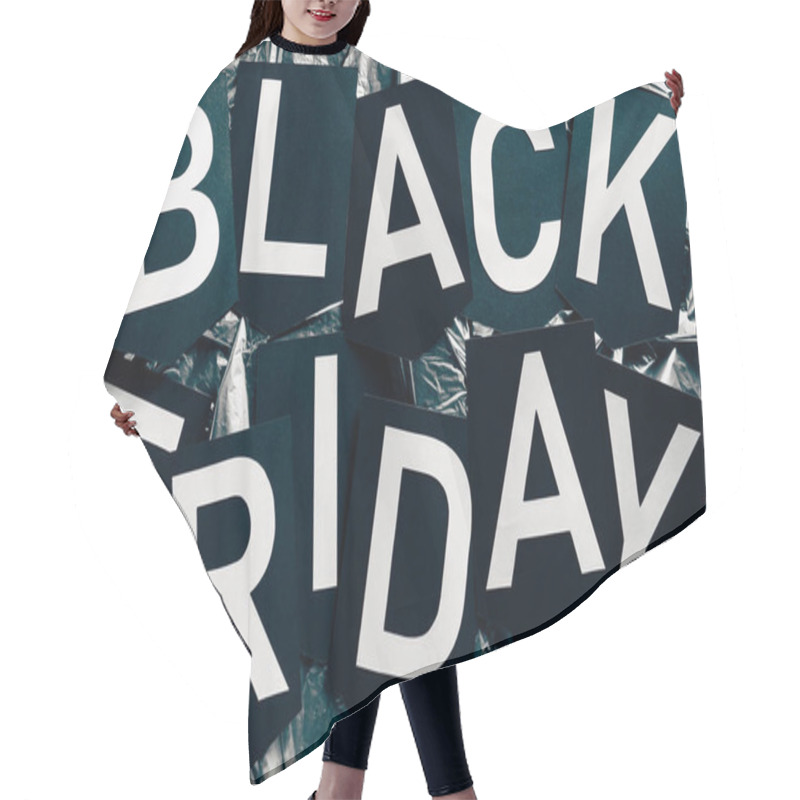 Personality  Top View Of Black Friday Lettering On Silver Wrapping Paper Background Hair Cutting Cape