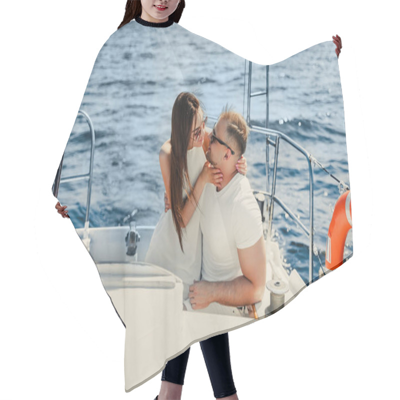 Personality  Happy Young Couple Who Sitting Together On Yacht While Looking To Each Other And Kissing. Honeymoon  Hair Cutting Cape