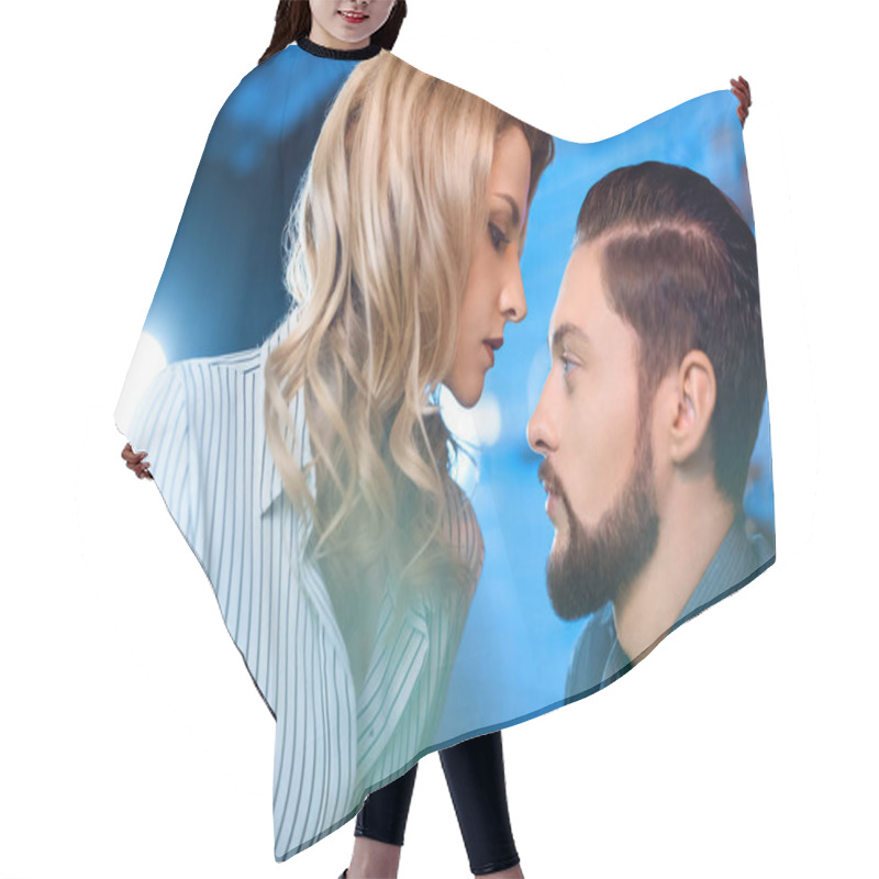 Personality  Young Couple Flirting  Hair Cutting Cape