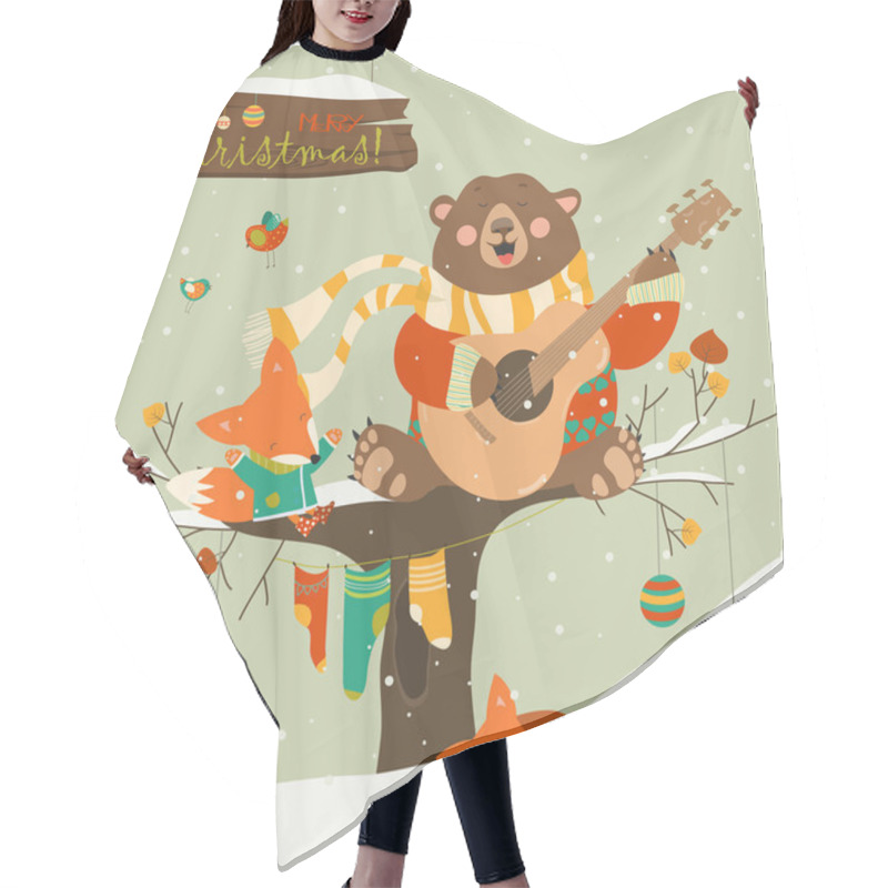 Personality  Cute Bear And Little Fox Celebrating Christmas Hair Cutting Cape