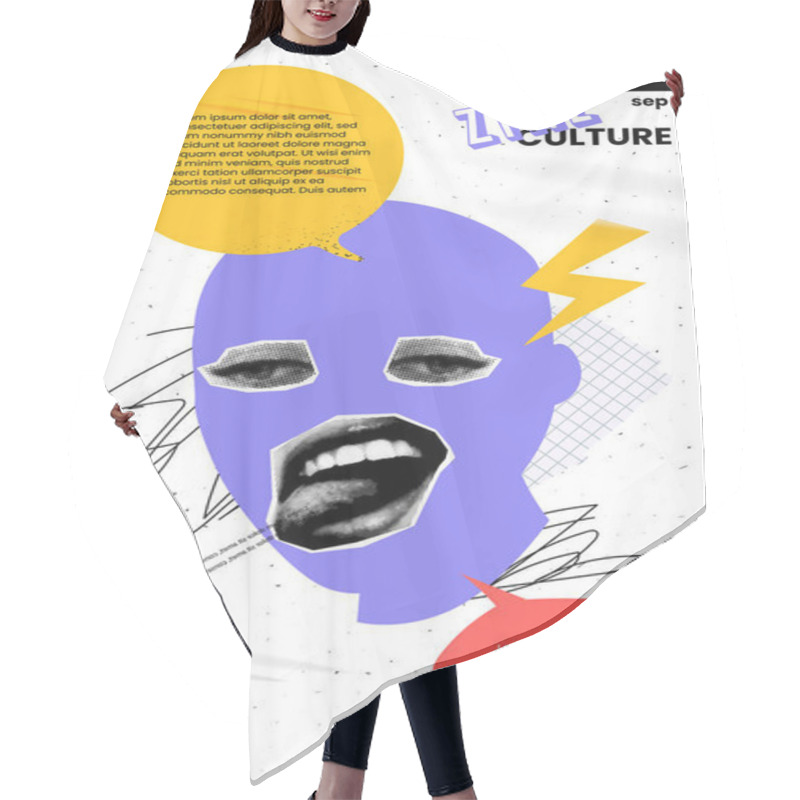 Personality  Art Collage Banner. With Halfone Face. Flyer Design In Pop Art Cartoon Style. In Violet And Yellow And Red Colour. With Torned Noted Paper And Speech Bubble Hair Cutting Cape