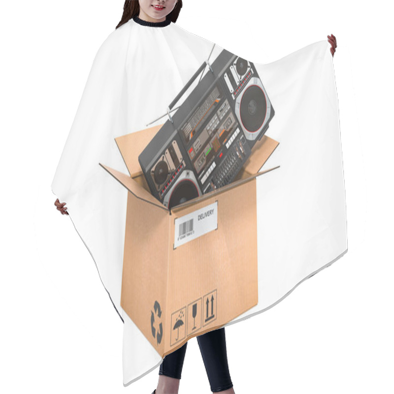 Personality  Boombox Inside Cardboard Box, Delivery Concept. 3D Rendering Isolated On White Background Hair Cutting Cape