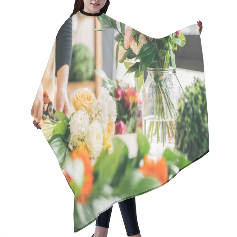 Personality  Cropped View Of Florist Cutting Off Flower Stalks With Pruning Shears Hair Cutting Cape