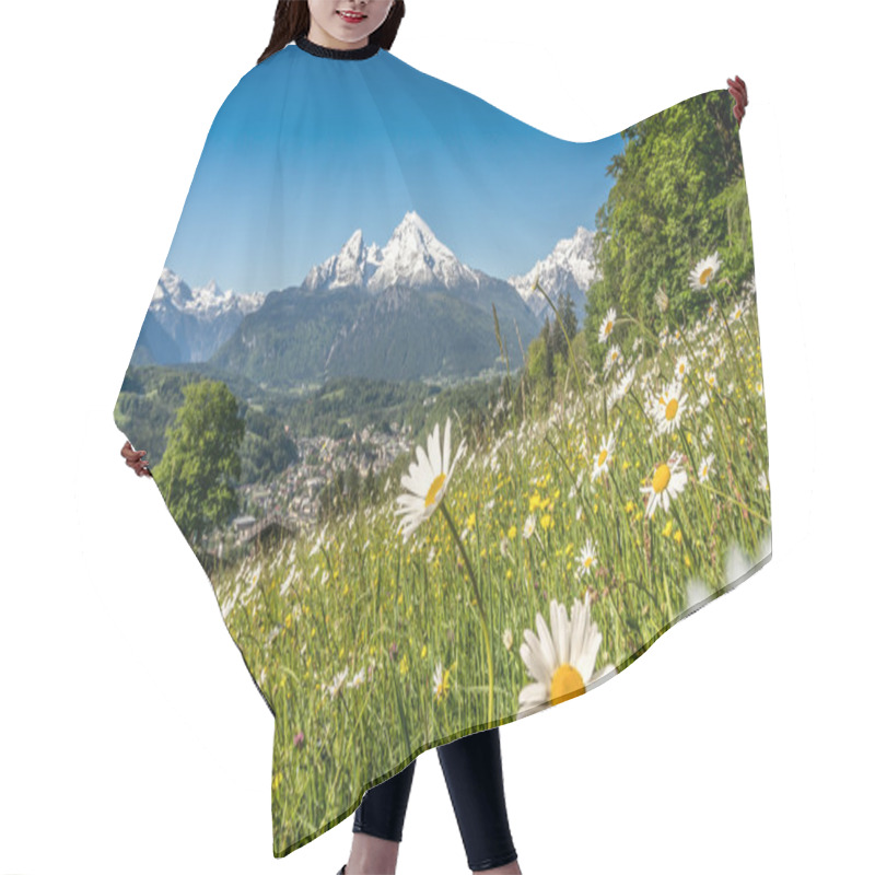 Personality  Panoramic View Of Beautiful Landscape In The Bavarian Alps With Beautiful Flowers And Famous Watzmann Mountain In The Background In Springtime, Nationalpark Berchtesgadener Land, Bavaria, Germany Hair Cutting Cape