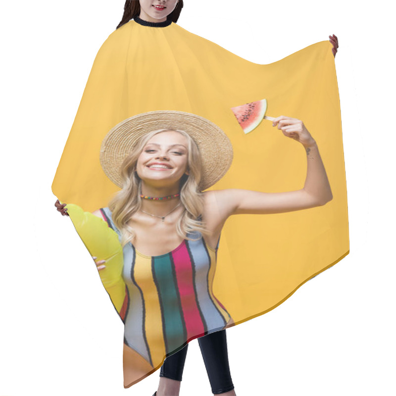 Personality  Happy Woman Standing With Inflatable Ring And Holding Popsicle Stick With Watermelon Isolated On Yellow  Hair Cutting Cape