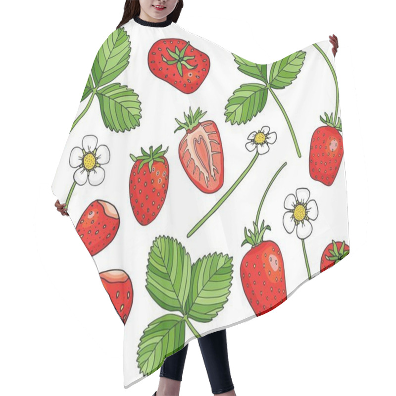 Personality  Strawberry Collection. Hand Drawn Sweet Red Berries, Strawberry Flowers And Leaves On White Background. Cartoon Vector Illustration. Tasty Summer Berries Drawing For Package, Cards, Decoration. Hair Cutting Cape