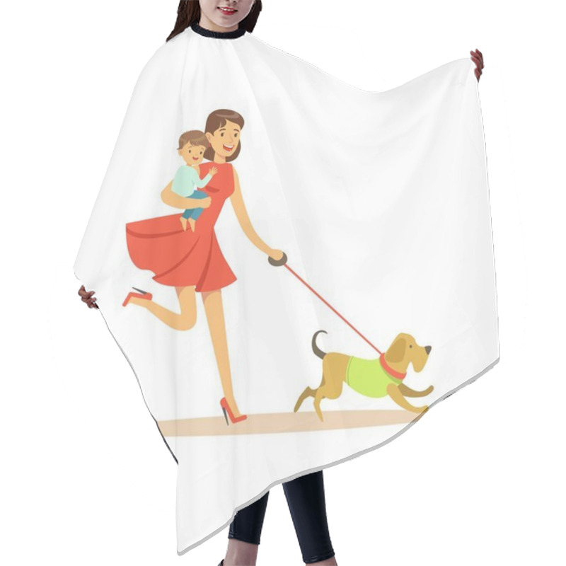 Personality  Super Mom Character With Child, Walking A Dog Hair Cutting Cape