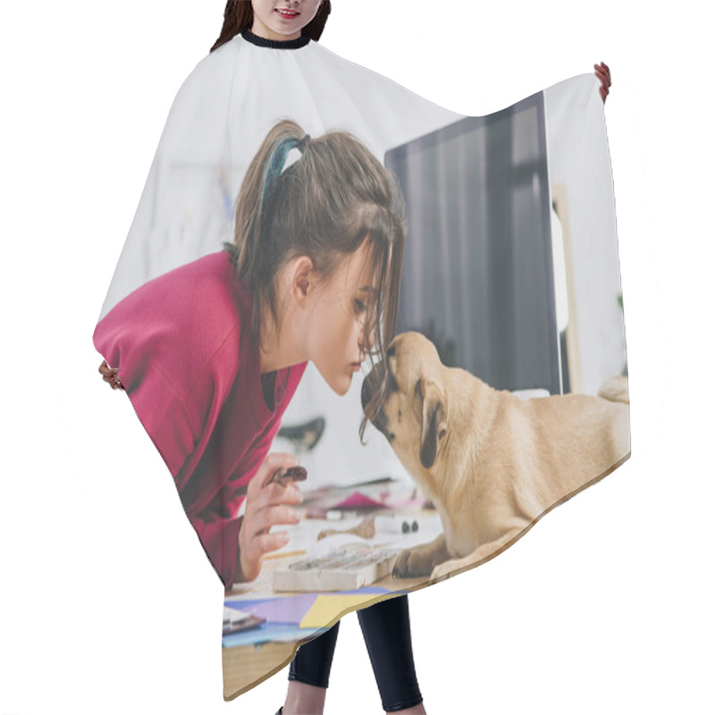 Personality  Pretty Lady Kissing Pug While Working On Illustrations In Home Office Hair Cutting Cape