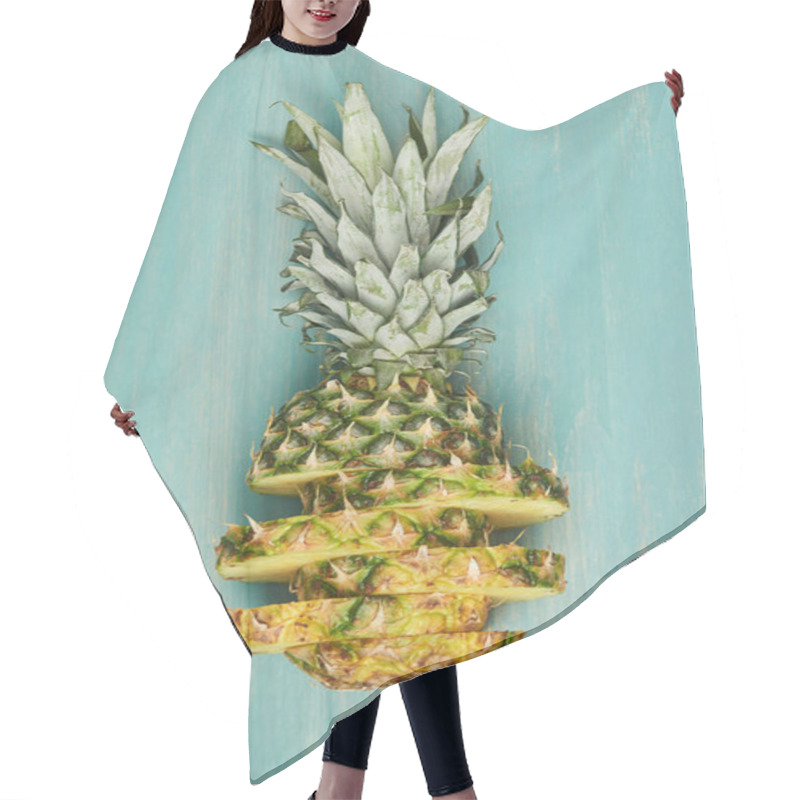 Personality  Top View Of Sliced Yellow Pineapple On Turquoise Wooden Table Hair Cutting Cape