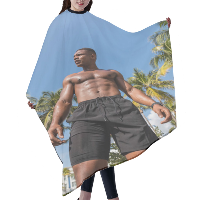 Personality  Low Angle View Of Shirtless African American Sportsman In Shorts Standing Next To Palm Trees After Workout In Miami  Hair Cutting Cape