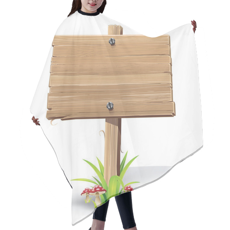 Personality  Wooden Sign On A Grass With Mushrooms. Hair Cutting Cape