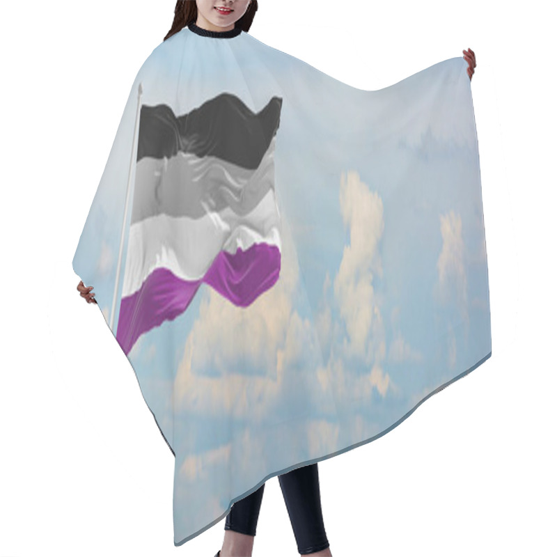 Personality  Flag Of Asexuality Pride Waving In The Wind On Flagpole Against The Sky With Clouds On Sunny Day. Panoramic View With Copy Space For Wide Banner. 3d Illustration Hair Cutting Cape