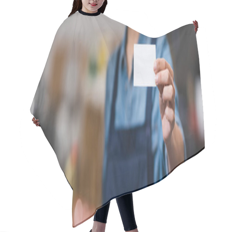 Personality  Close Up View Of Empty Card In Hand Of Blurred Young African American Mechanic In Garage, Banner Hair Cutting Cape