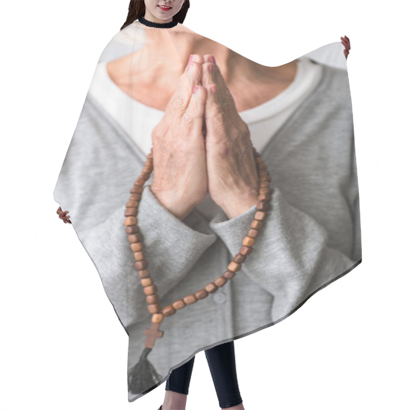 Personality  Partial View Of Senior Woman Praying With Wooden Rosary Hair Cutting Cape