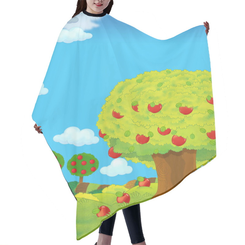 Personality  Cartoon Scene With Farm Fields By The Day And Apple Trees - Illustration For Children Hair Cutting Cape